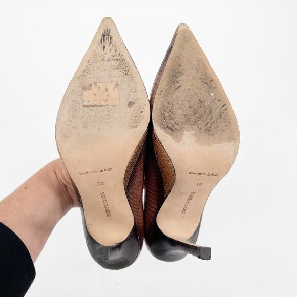 Manolo Blahnik Brown Tan Genuine Python Pointed Toe Stiletto Heel Pumps IT 38 - Picture 11 of 12